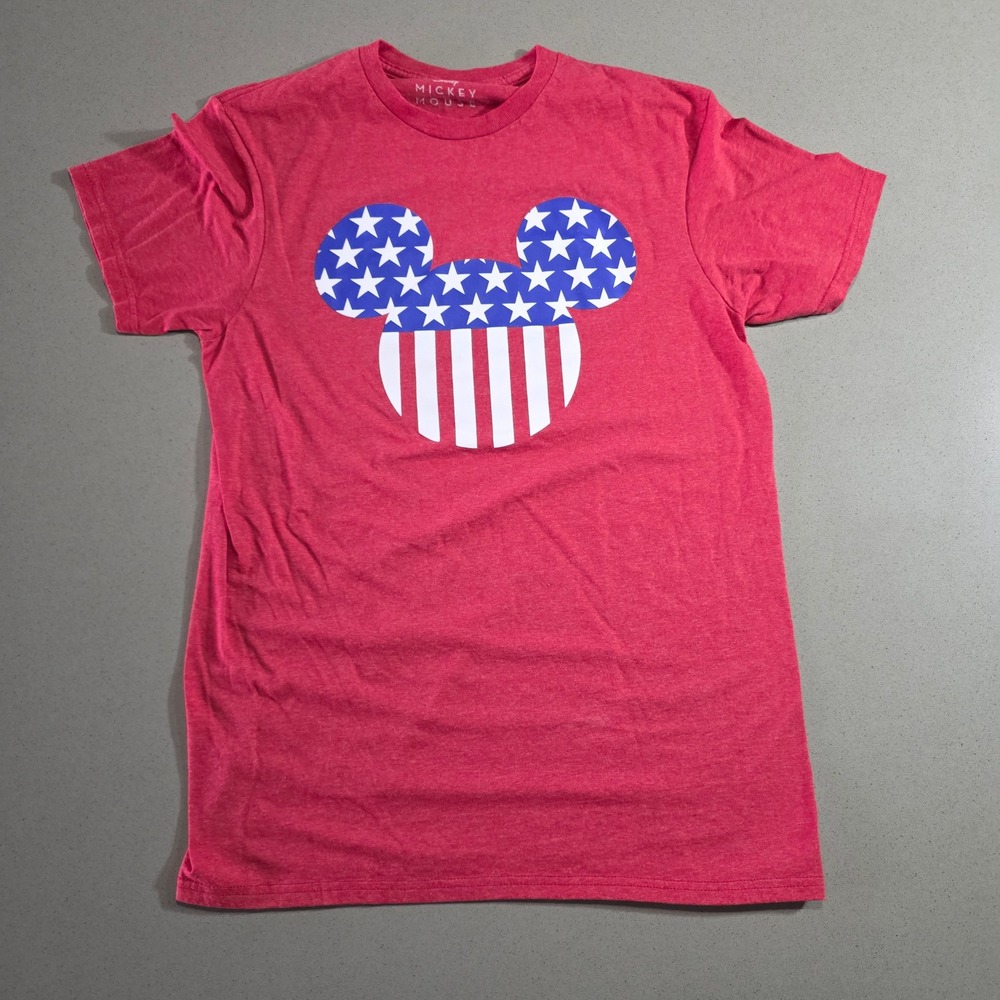 Disney Mickey Mouse American Flag Graphic T-Shirt Red Heathered Medium